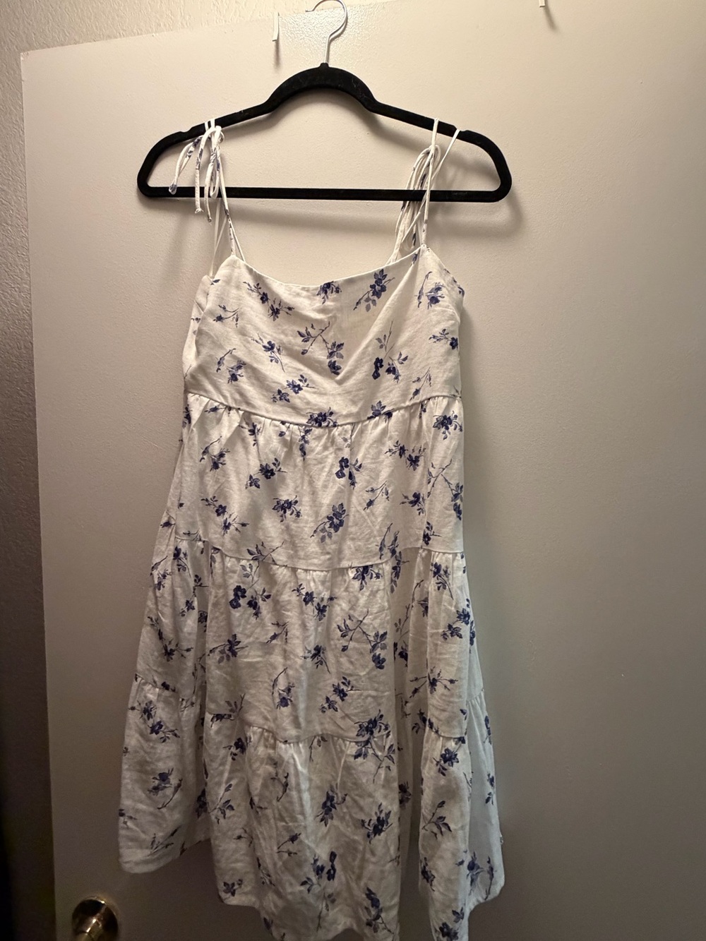 White Floral Tie-Shoulder Sundress with Blue Print; Abercrombie & Fitch